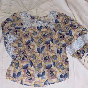 Zac & Rachel Blue, Yellow and Pink Floral Lace-Trim Blouse